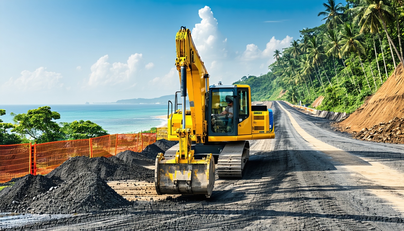 Excavator Komatsu mengerjakan akses jalan dekat sirkuit Mandalika, Lombok Tengah